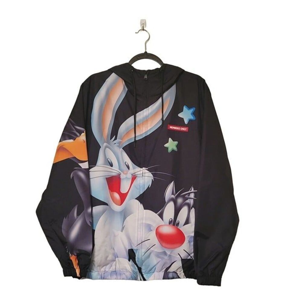 Member's Only Mens Jacket Black L Wind breaker Looney Tunes Hooded New